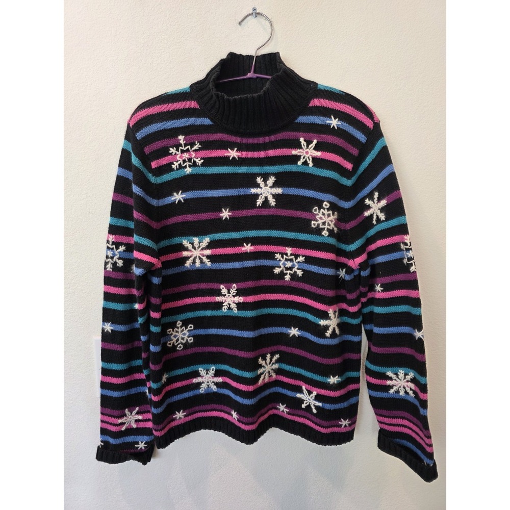 Christopher & Banks CottonRamie Sweater Sz L Womens Black Pastel SnowflakeWinter